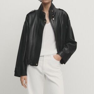 Massimo Dutti Nappa Leather Jacket With Gold-Toned Snap Buttons | Black | Size M